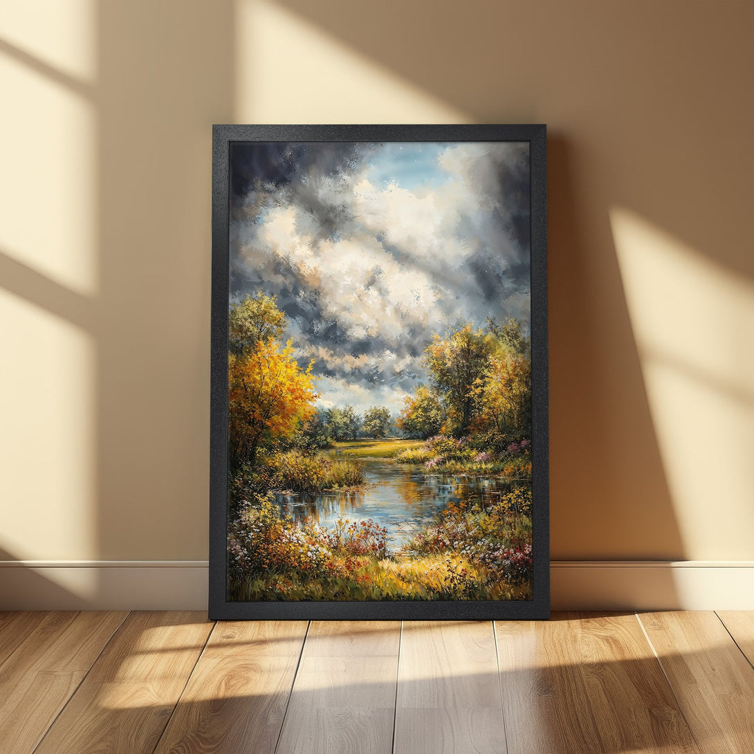 Framed Poster of a serene landscape painting. Featuring a lake, trees, and dramatic sky. Warm color palette with yellows, greens, and blues. Perfect wall art!