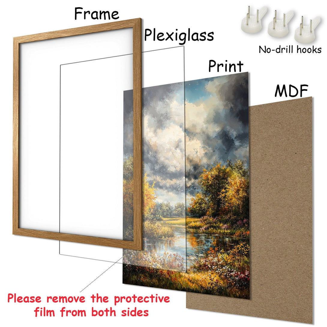 Framed Poster: Landscape art print with a warm color palette. Ready to hang with included no-drill hooks.