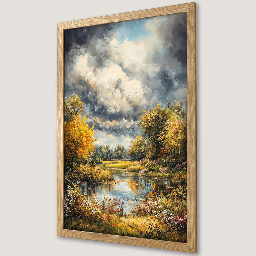 Framed Poster of a serene landscape painting with a river, trees, and dramatic clouds. Warm, autumnal color palette.
