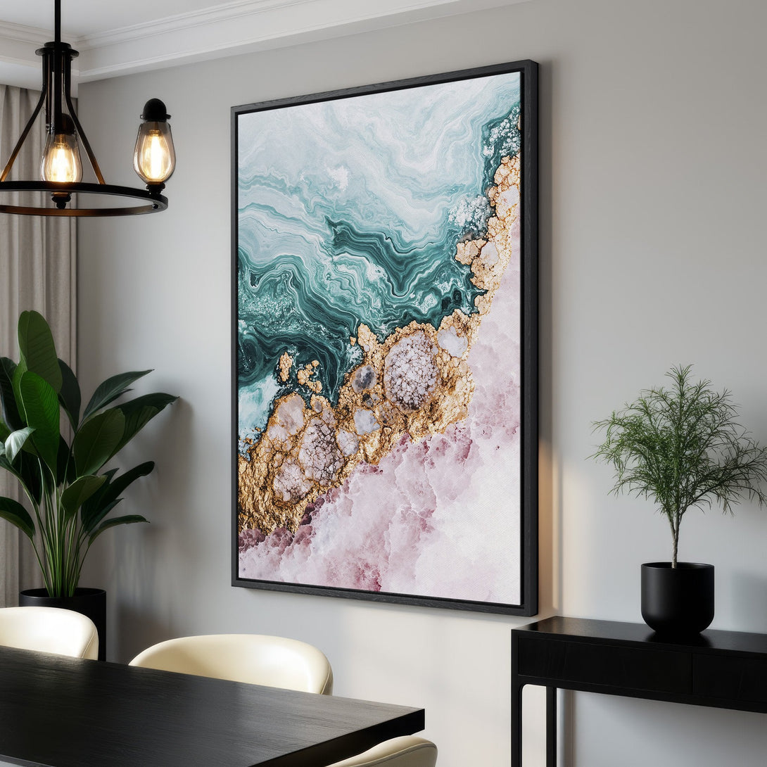 Framed Wall Art featuring an abstract agate design in teal, gold, and blush pink. Modern art for your home decor.