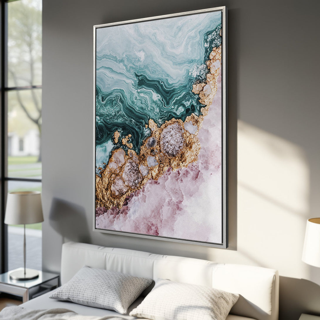 Framed Wall Art: Abstract canvas print in teal, gold, and pink. Modern art decor for bedroom. Enhance your space with this stunning piece!