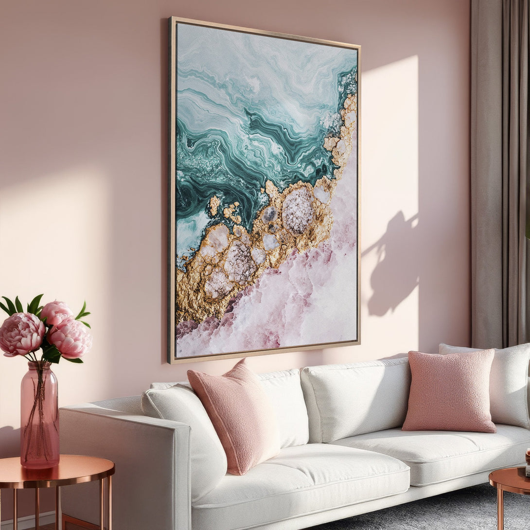 Framed Wall Art: Abstract marble design in teal, gold, and pink. Modern canvas print adds elegance to any living room. Shop now for stunning wall decor!