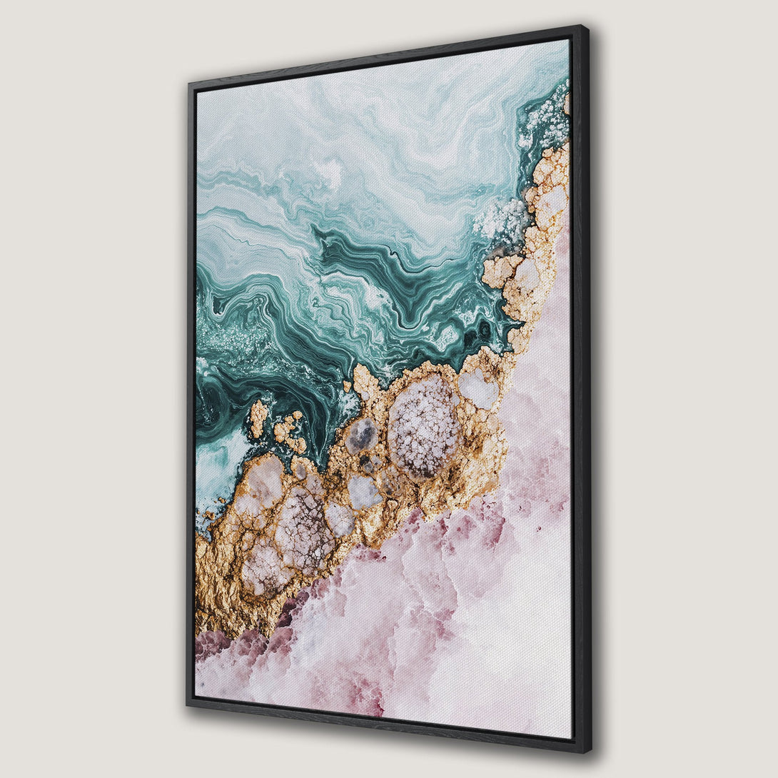 Framed Wall Art: Abstract marble design Canvas Print in teal, gold, and blush pink. Elevate your space with this modern, artistic wall decor.