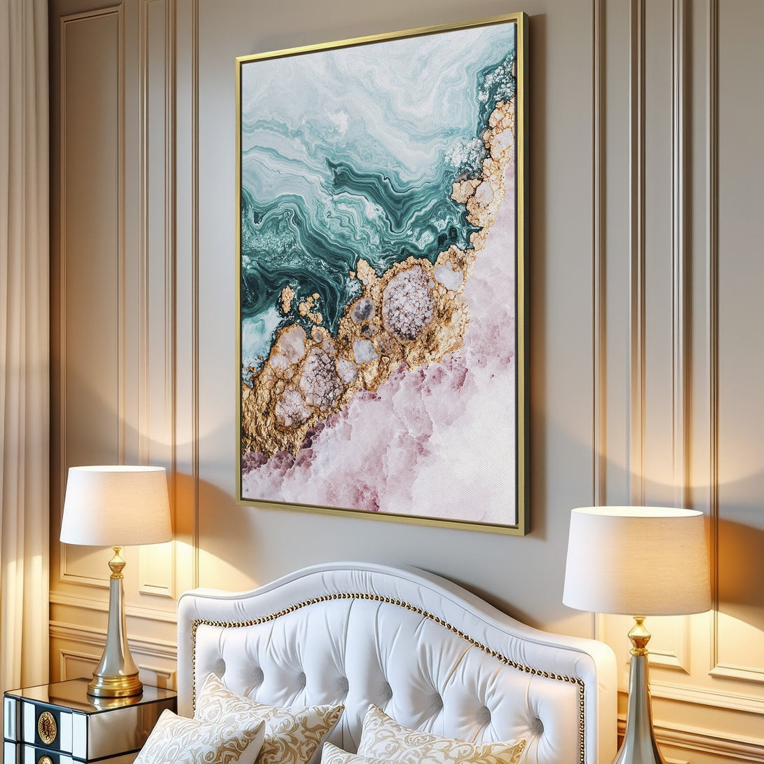 Abstract Canvas Print in teal, gold, and pink. Modern wall art for living room decor. Adds a touch of elegance to any space.