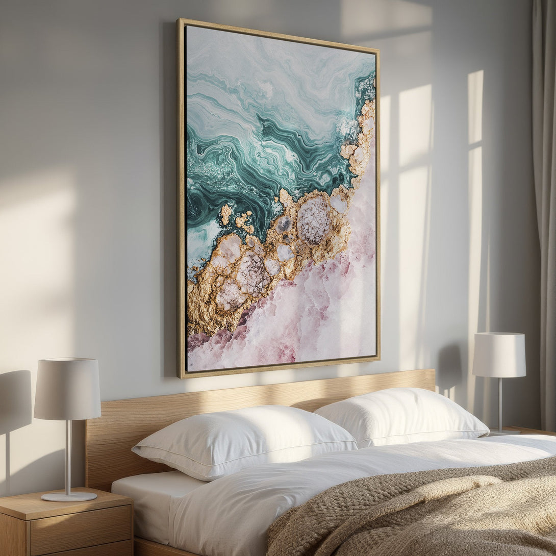 Framed Wall Art featuring an abstract marble design in teal, gold, and pink. Elevate your bedroom decor with this stunning canvas print.
