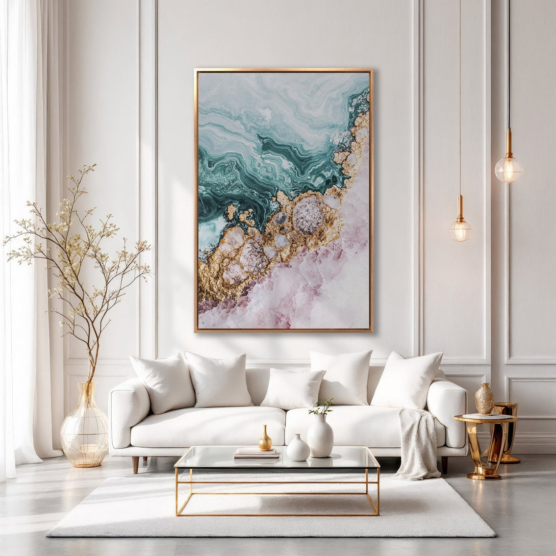 Framed Wall Art: Abstract marble Canvas Print in teal, gold, and blush tones, adding a touch of luxury to a modern living room.