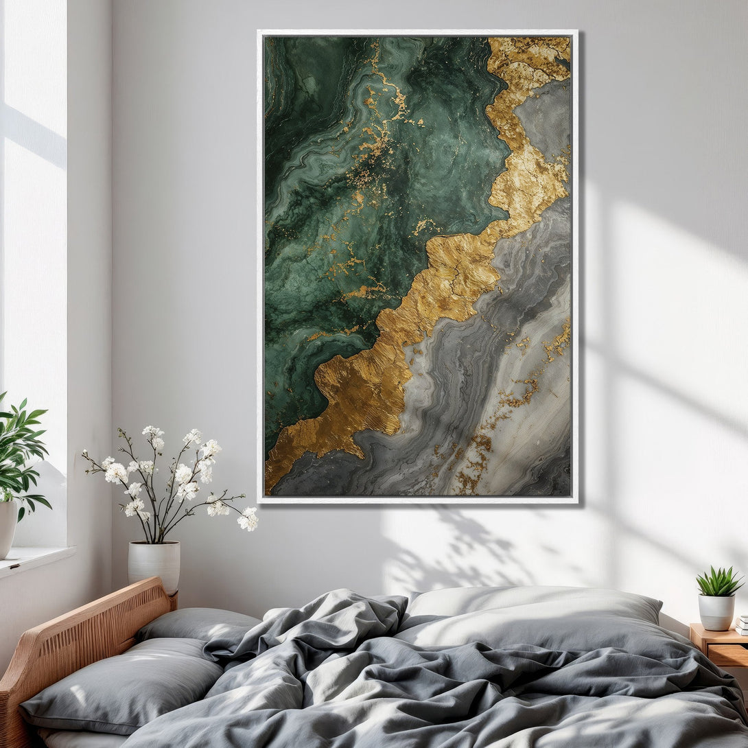 Framed Wall Art: Abstract marble art in green, gold, and gray tones. Modern canvas print for bedroom decor. Elevate your space with this stylish artwork.