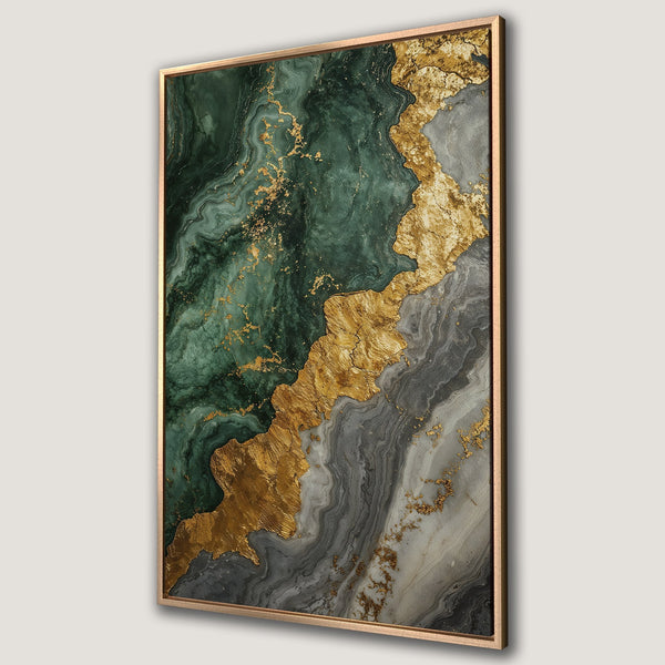 Framed Wall Art: Abstract canvas print with emerald green, gold, and grey tones. Modern art for home decor, perfect for adding a touch of elegance.
