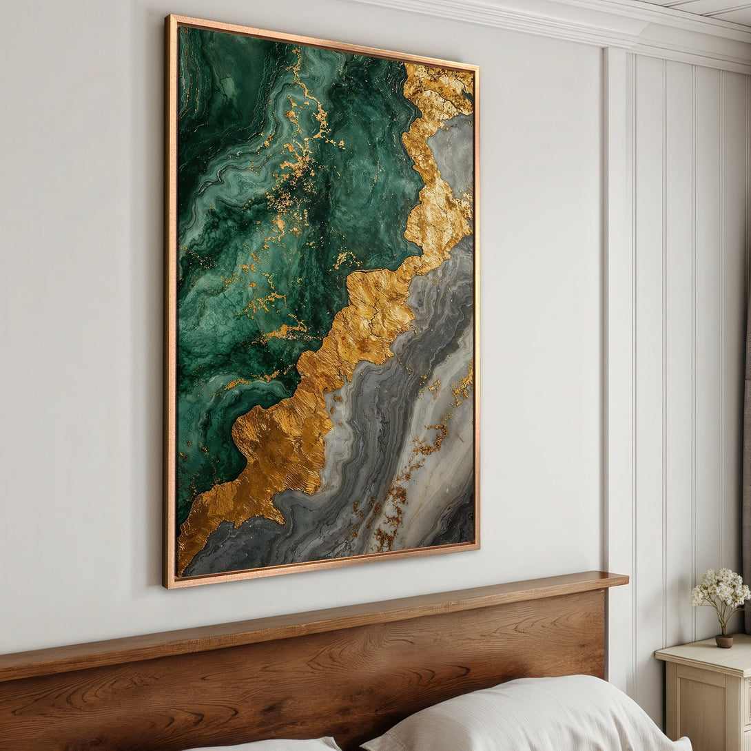 Framed Wall Art: Abstract canvas print featuring emerald green, gold, and grey tones. Modern art for stylish home decor.