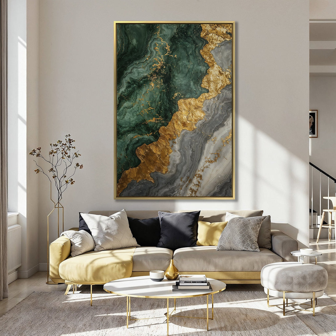 Canvas Print - Abstract art in emerald green, gold, and gray, displayed in a kitchen. Modern wall decor with a luxurious, artistic style.