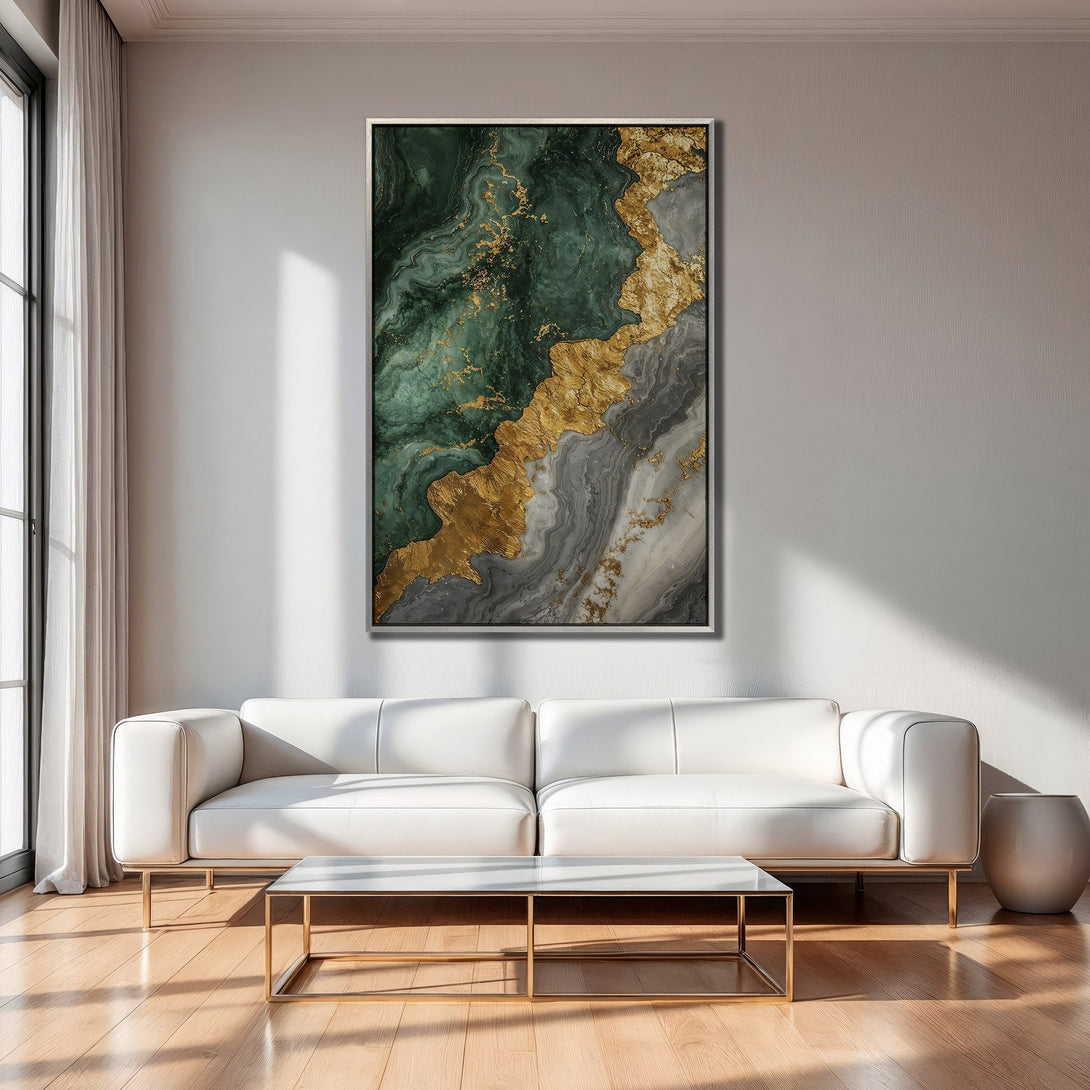 Framed Wall Art: Abstract green and gold canvas print in a modern living room. Adds a touch of luxury with its marble-like design and elegant color palette.