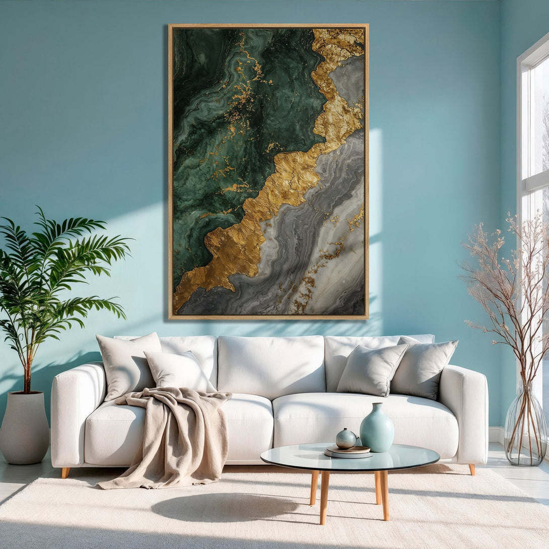 Framed Wall Art: Abstract gold, green, and gray canvas print. Modern art decor with a luxurious feel. Perfect for living room or bedroom.