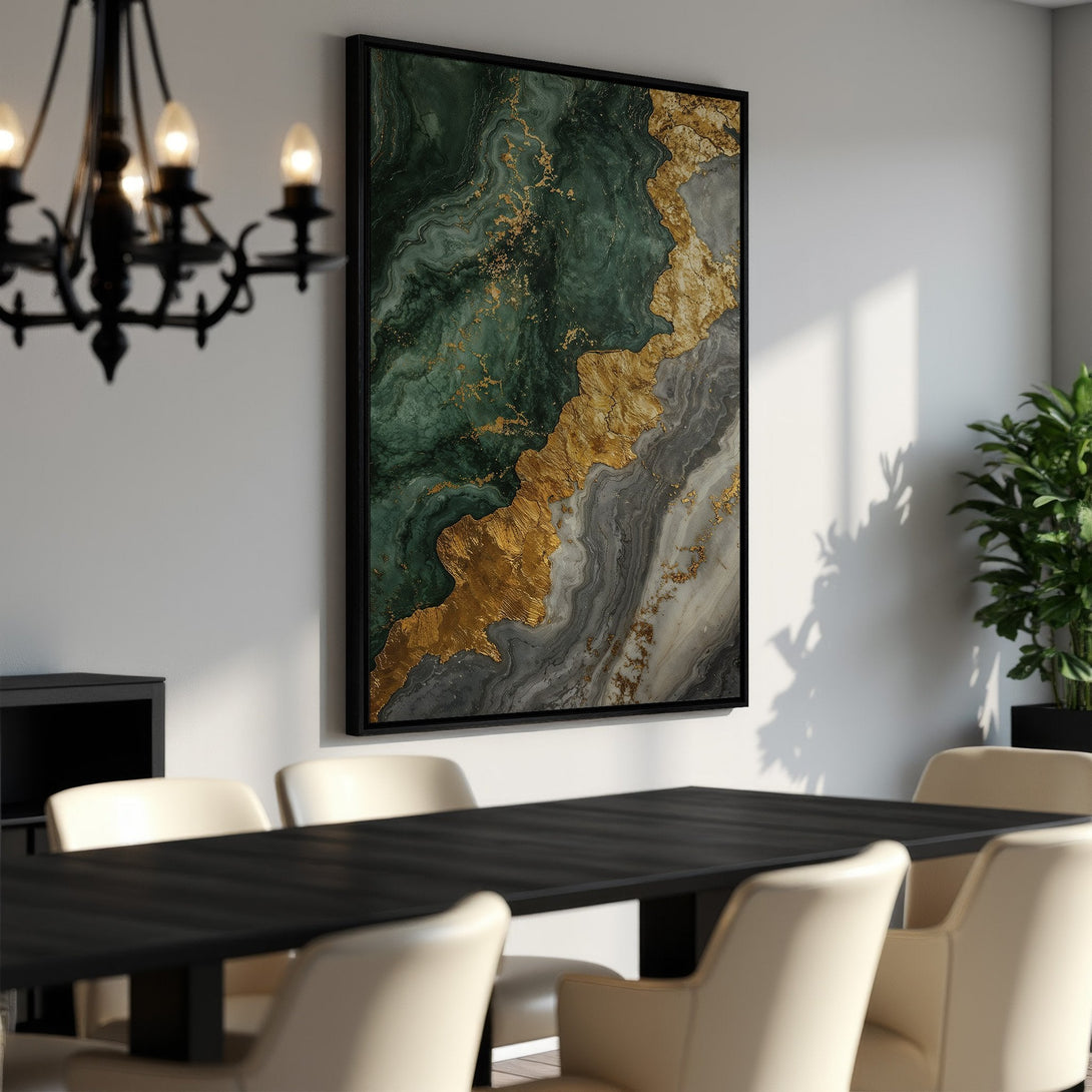 Framed Wall Art: Abstract canvas print with emerald green, gold, and gray tones. Modern art to elevate your dining room decor. Shop now!
