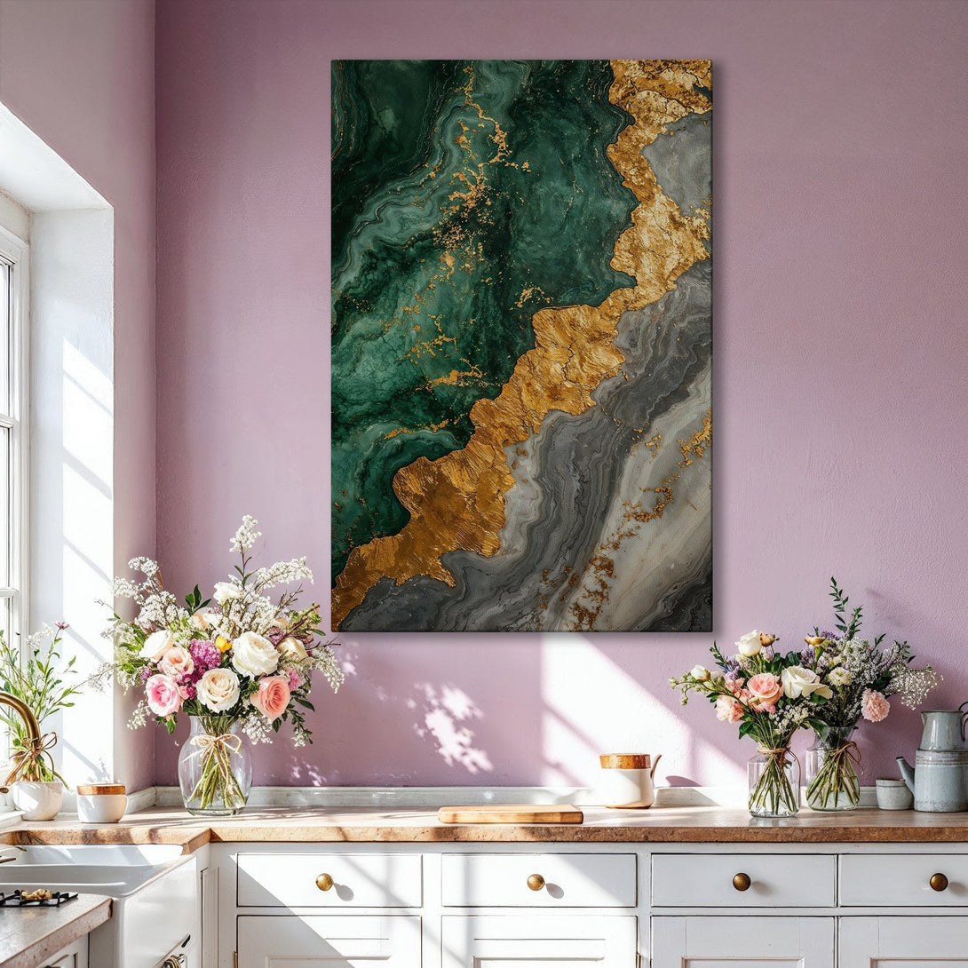 Framed Wall Art: Abstract canvas print with emerald green, gold, and gray tones. Modern art for living room decor. Enhance your space with this stunning piece!