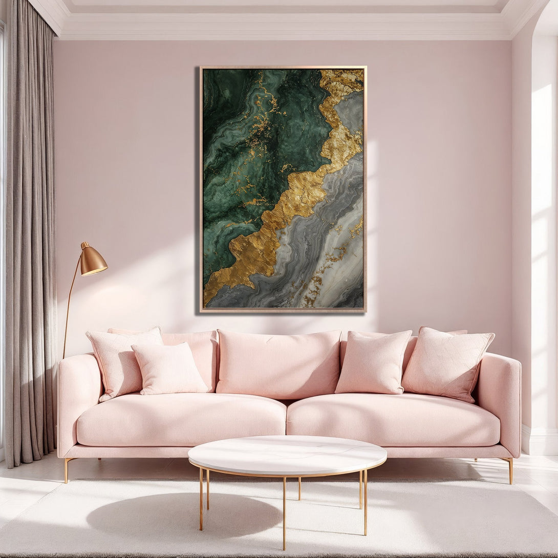 Framed Wall Art: Abstract green, gold, and gray canvas print in a modern living room. Adds a touch of elegance and sophistication to any space.