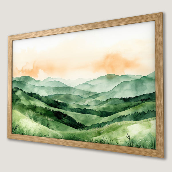 Framed Poster of watercolor green mountain landscape art. Earthy tones and serene style for home decor.