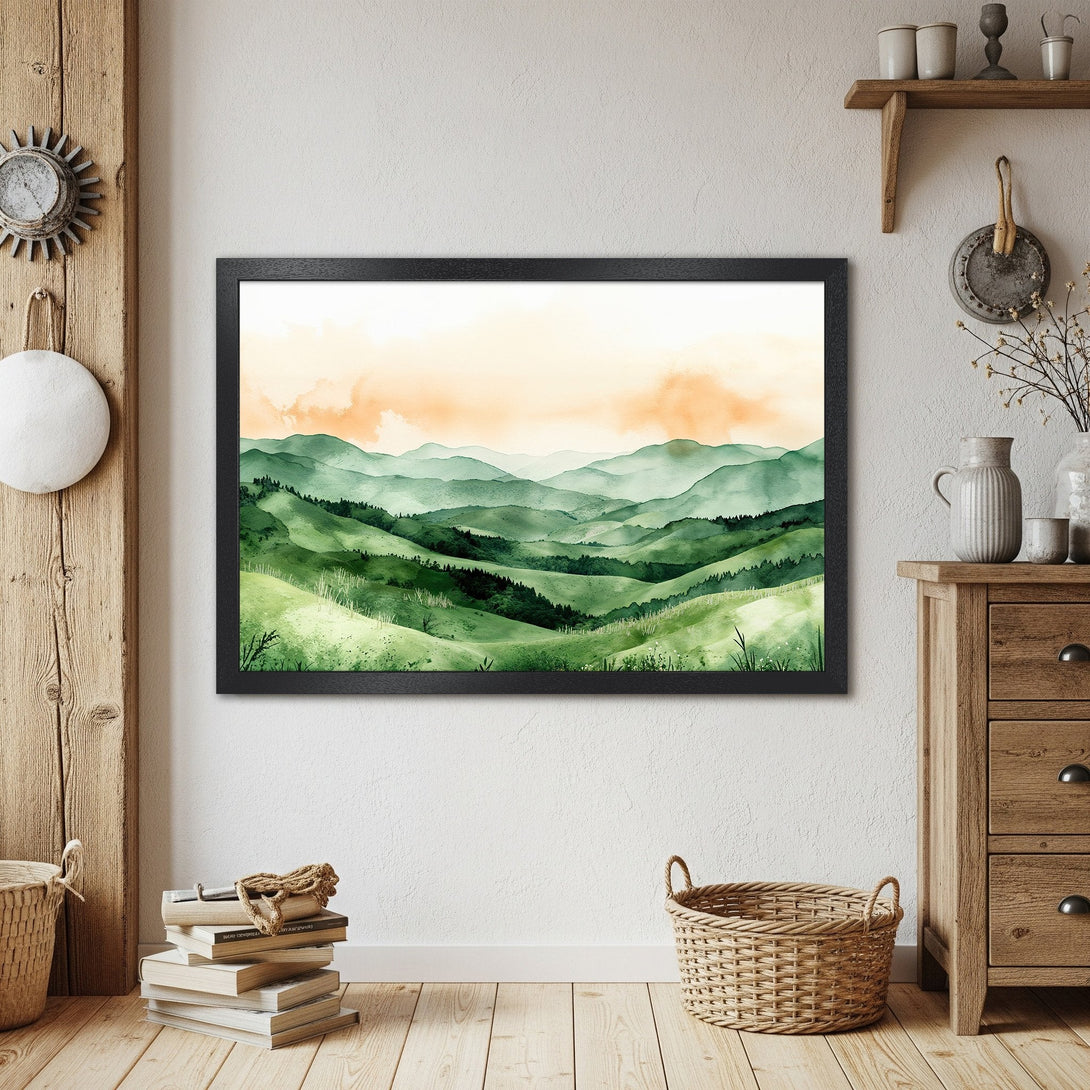 Framed Poster of watercolor mountain landscape in green and orange tones. Perfect wall art for your home.