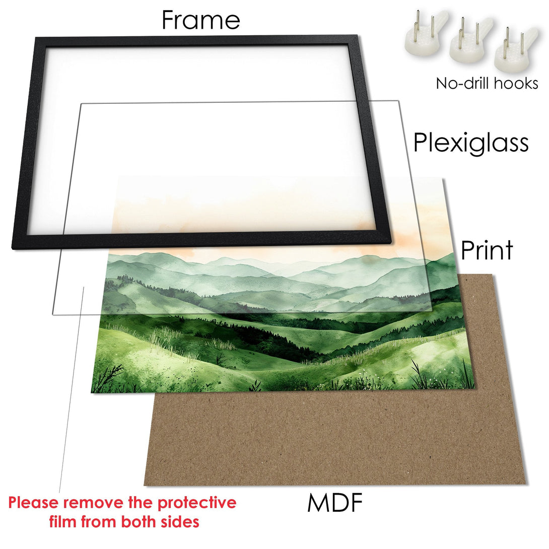 Framed Poster of watercolor landscape art in green and earth tones. Perfect wall decor for any room.