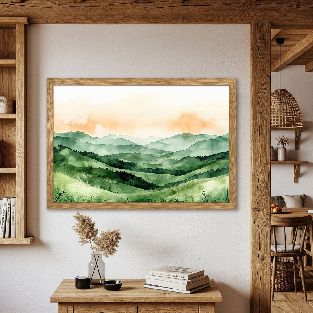 Framed Poster of watercolor landscape art in green and orange tones, perfect for adding a touch of nature to your home decor.
