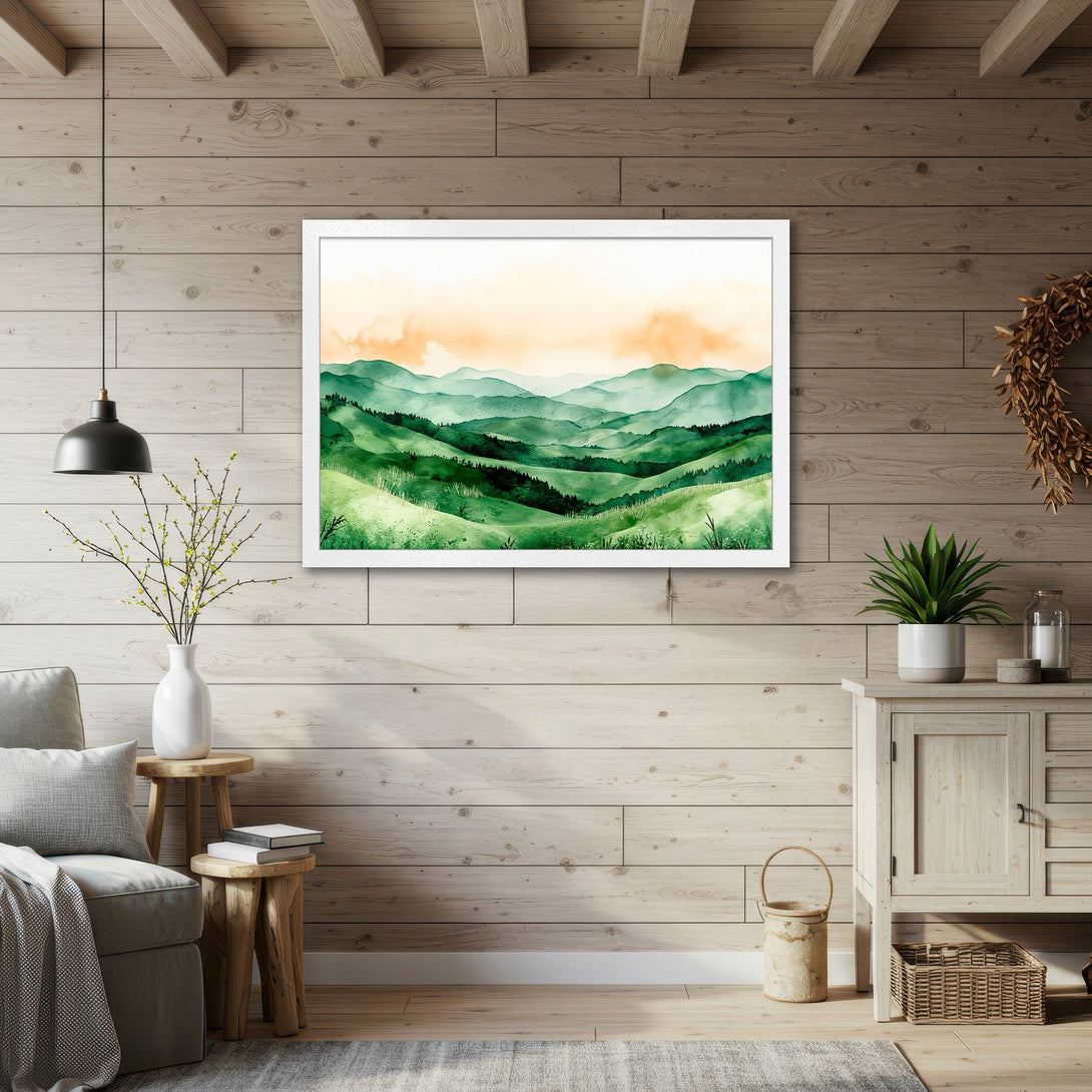 Framed Poster of watercolor green mountain landscape art. Perfect for home decor, adding a touch of nature with a calming color palette.