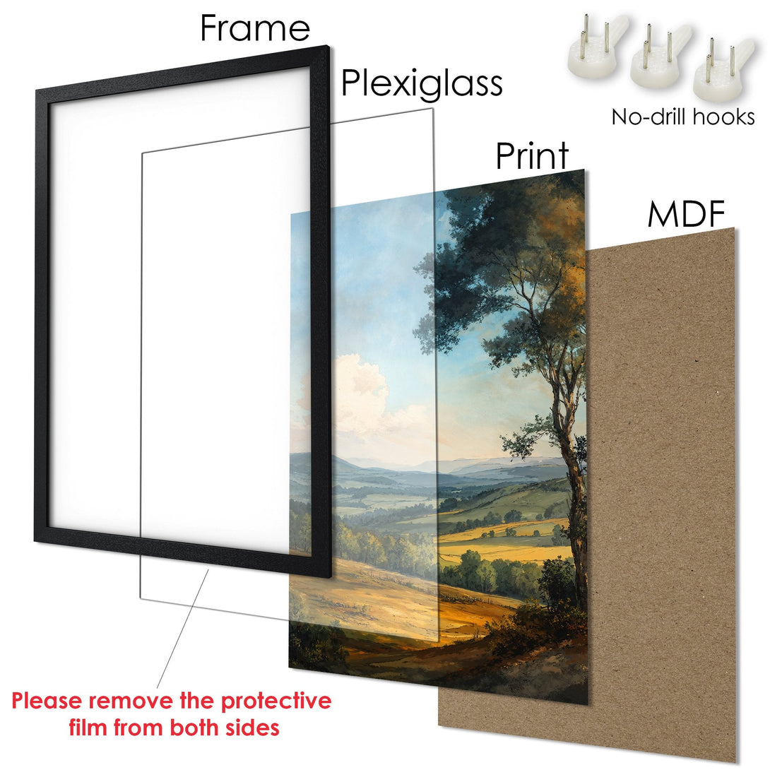 Framed Poster of a landscape painting in warm tones. Features a black frame, ready to hang. Enhance your space today!
