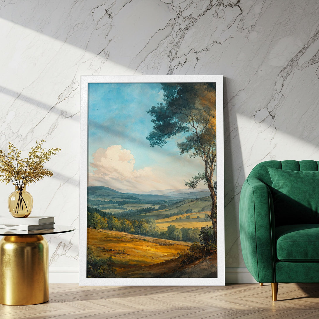 Framed Poster of a serene landscape painting in warm tones. Add a touch of nature to your home with this beautiful poster!