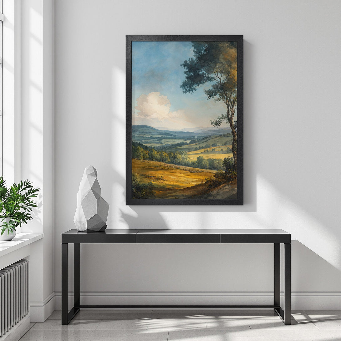 Framed Poster of a serene landscape painting with a warm color palette. Perfect wall art for your home!