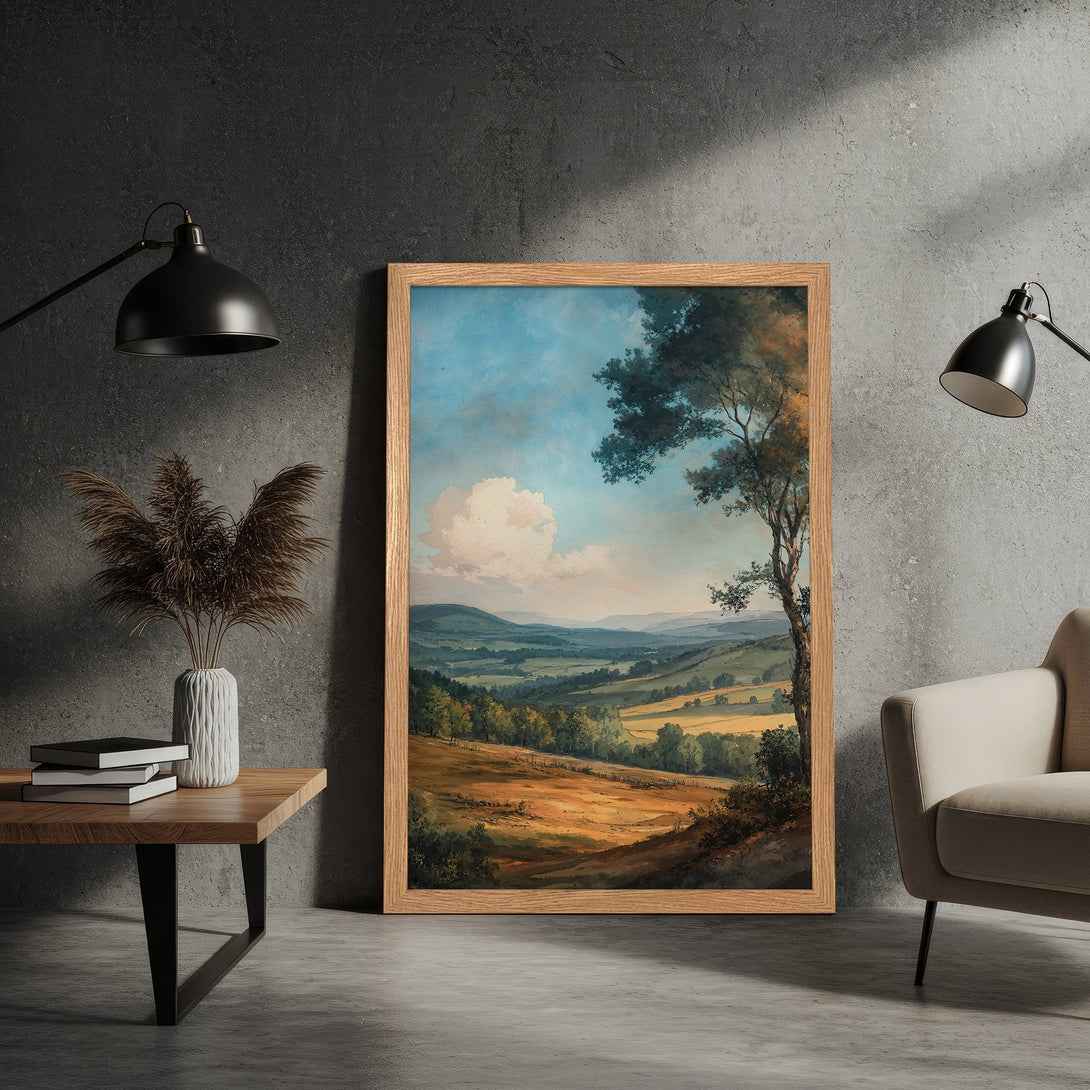Framed Poster of a serene landscape painting, featuring rolling hills and a blue sky. Warm, earthy tones create a calming aesthetic.