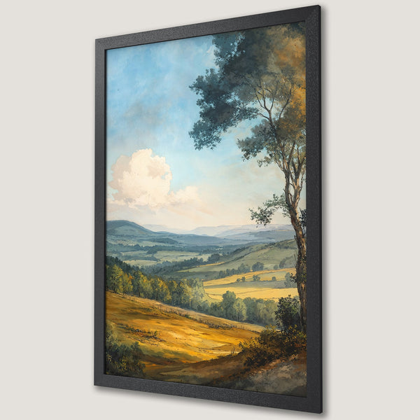 Framed Poster of a serene landscape painting. Featuring rolling hills, a tree, and a warm color palette. Perfect for home decor.