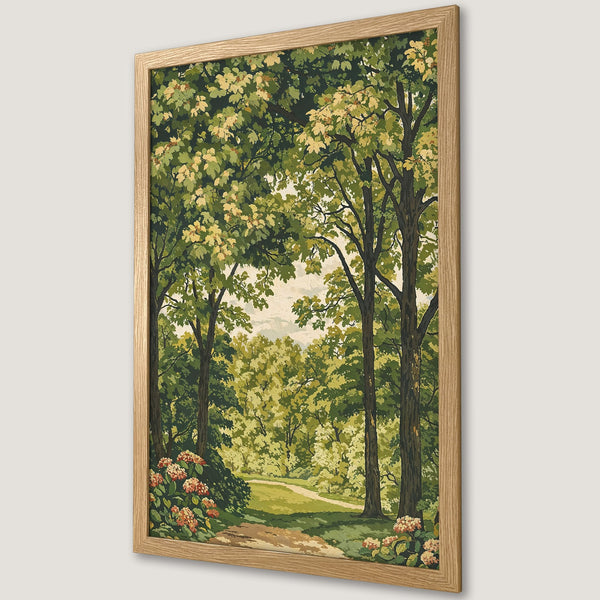 Framed Poster featuring a serene forest scene in a vintage style with a green and beige color palette, perfect for home decor.