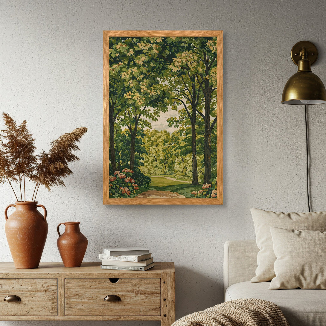 Framed Poster of a serene forest scene in green and beige tones. Perfect for adding a touch of nature-inspired art to your home.