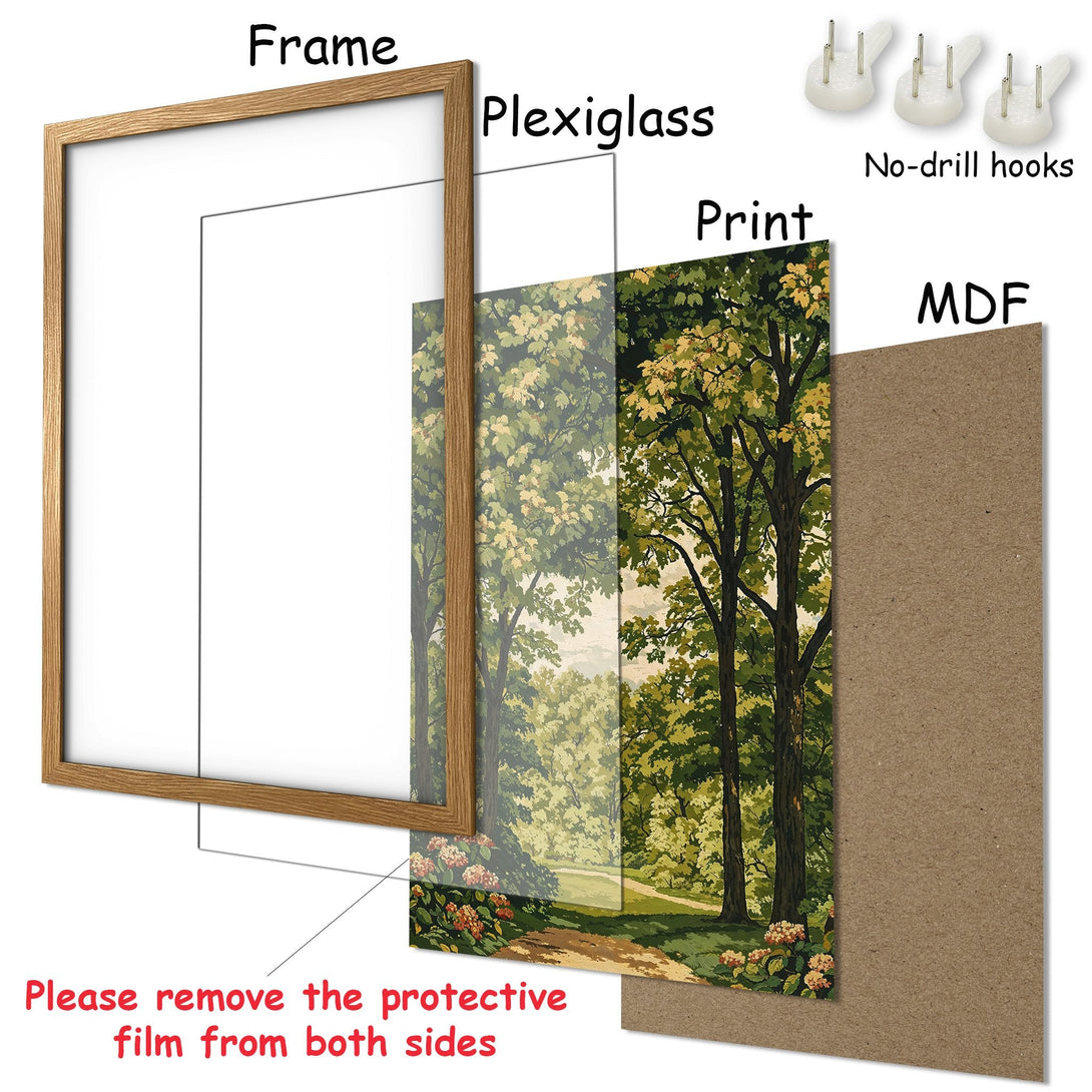 Framed Poster: Scenic nature print with trees in green and yellow hues. Perfect wall art for any room. Ready to hang.