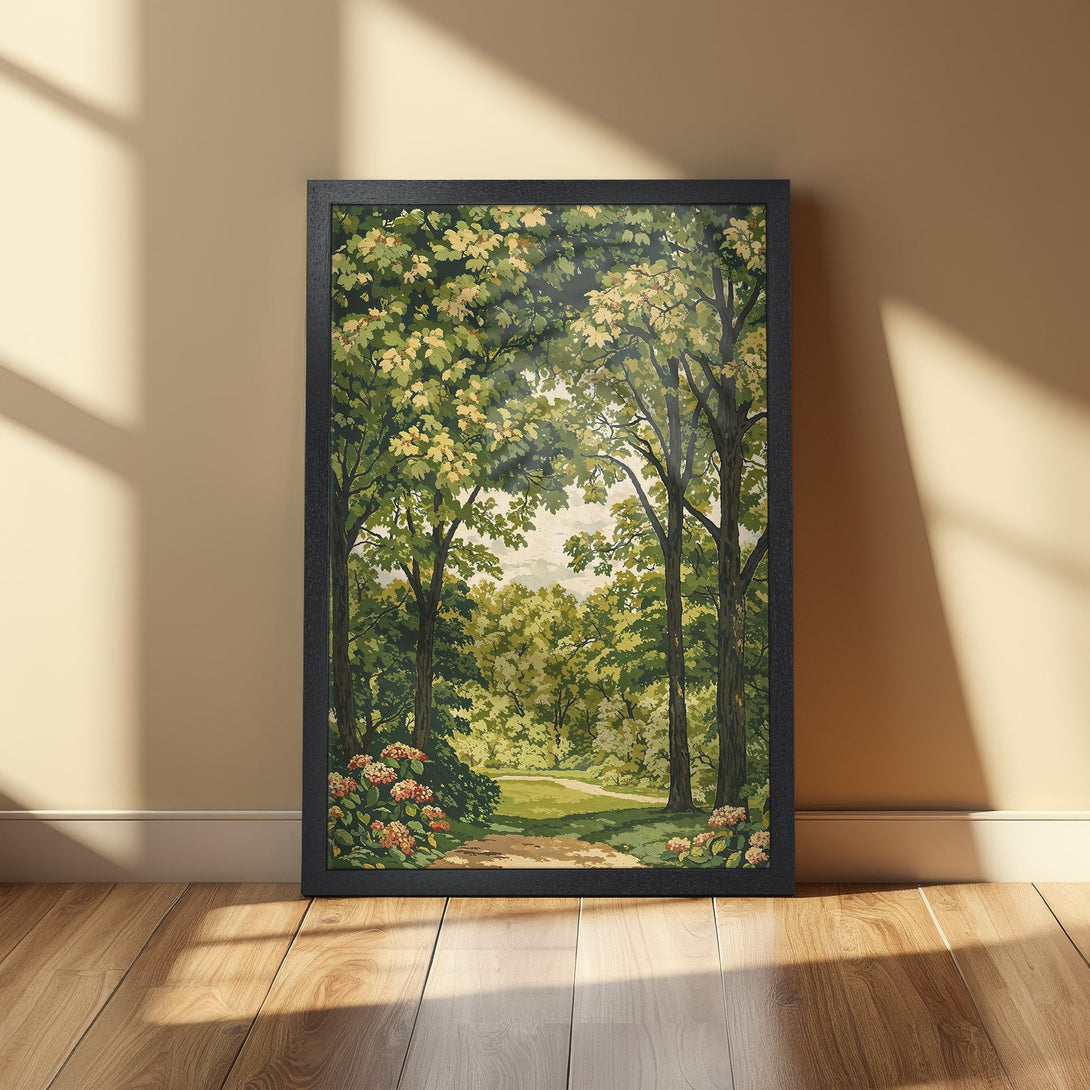 Framed Poster featuring a serene forest scene in green and beige tones. Perfect wall art to bring nature indoors.