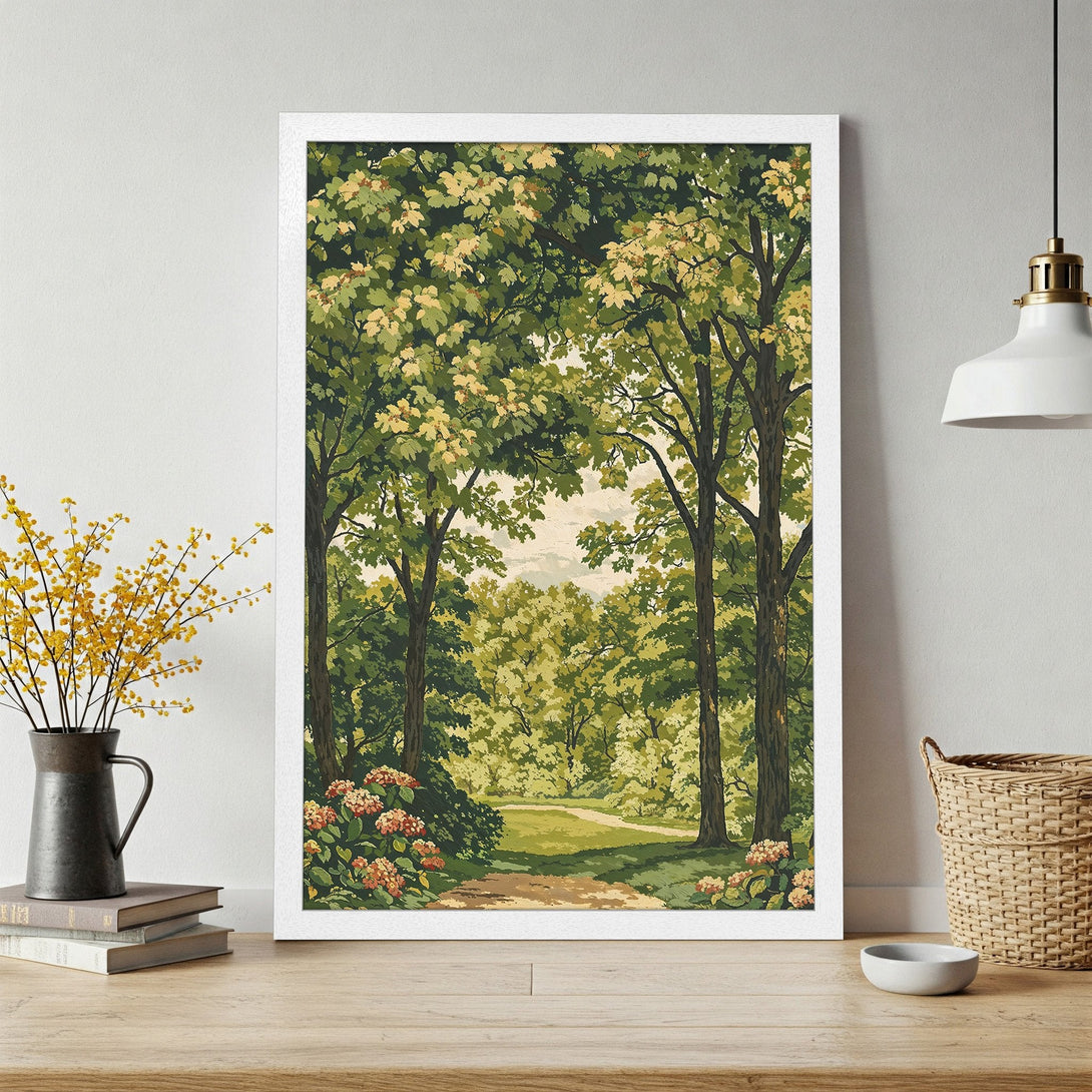 Framed Poster featuring a serene forest scene in green and yellow hues, perfect for adding a touch of nature to your home decor.