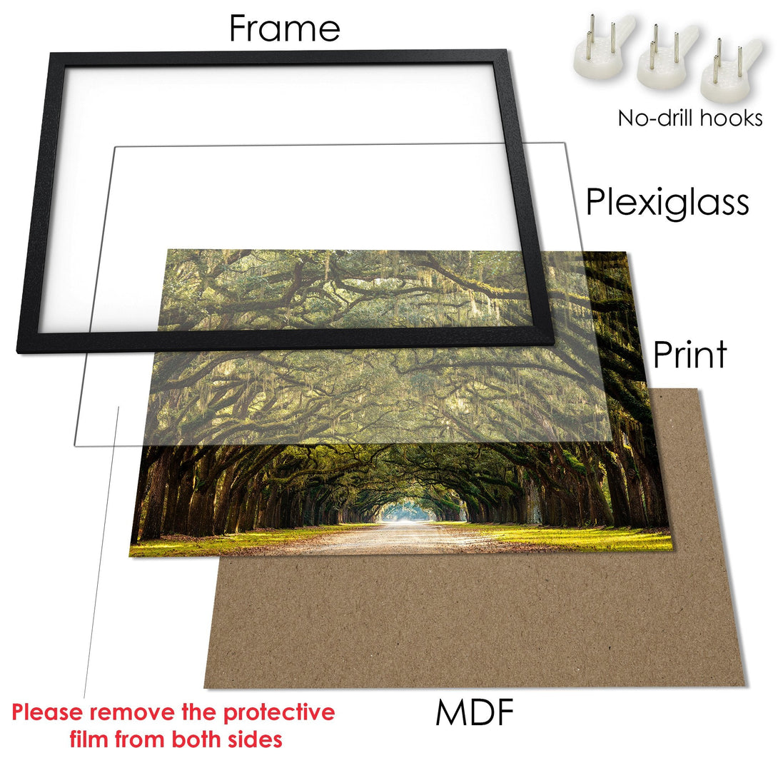 Framed Poster of a scenic tree-lined road. Nature photography with green, brown, and yellow hues. Perfect wall art!