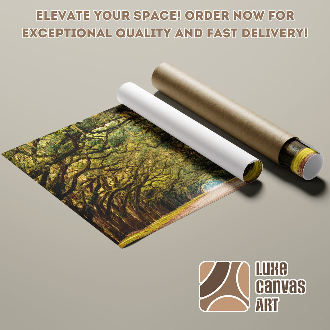 Poster Roll of scenic tree-lined road, natural style with green and brown tones. Order your wall art today!