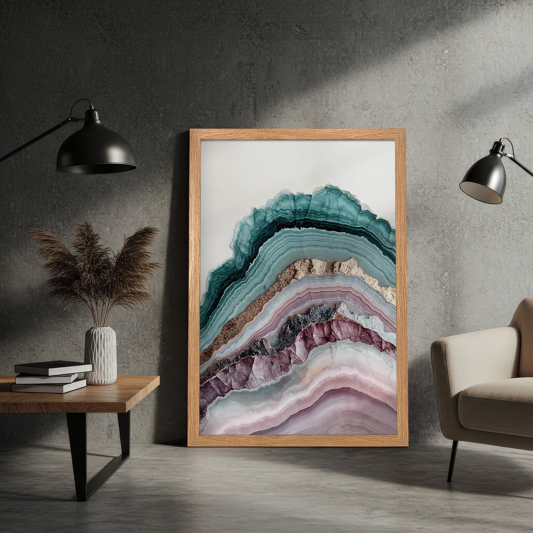 Framed Poster featuring abstract agate design in teal, pink, and gold tones. Modern art print for home decor.