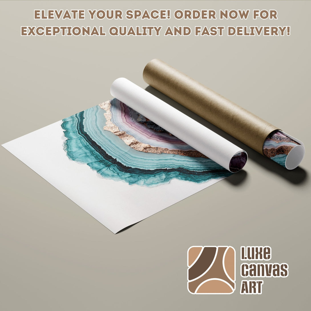 Poster Roll featuring abstract teal and gold art print. Modern style, neutral color palette. Elevate your space!