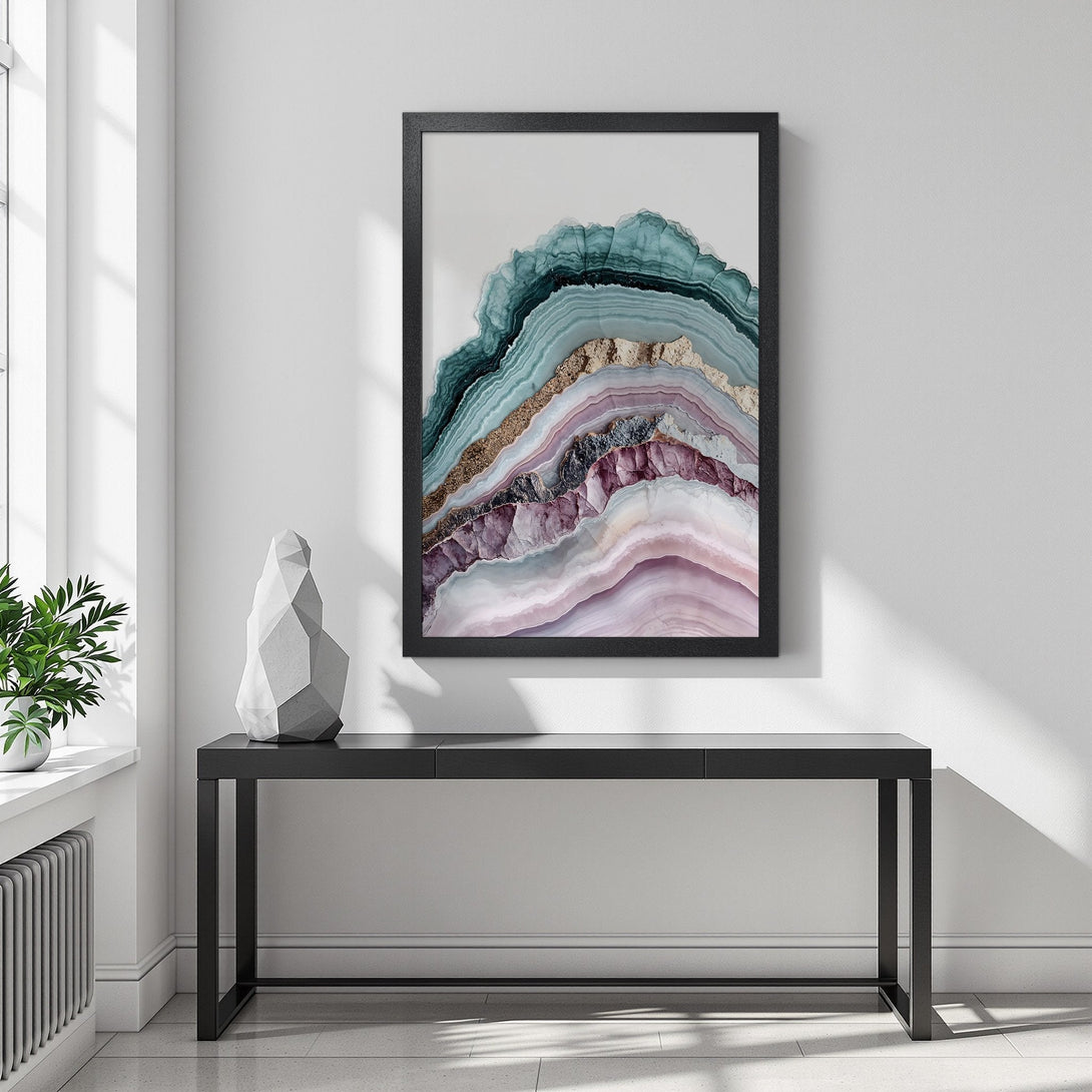 Framed Poster featuring abstract agate design in teal, gold, and purple hues. Modern art for your home.