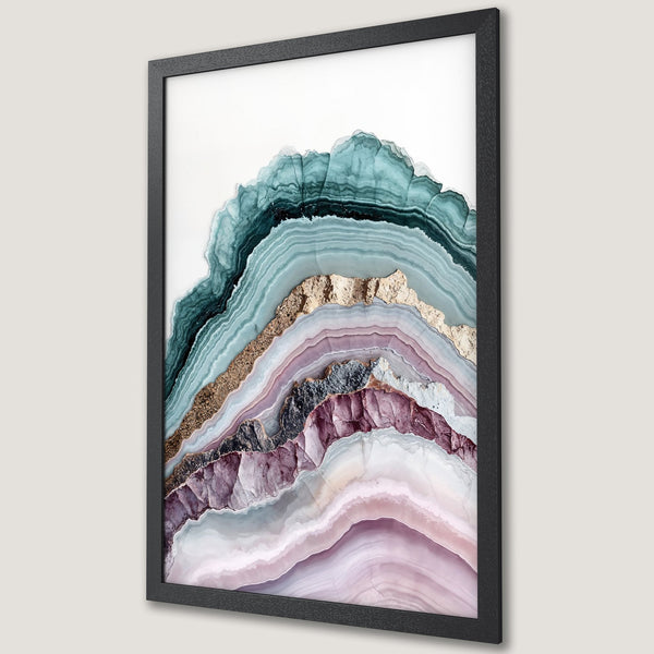 Framed Poster featuring abstract agate art in teal, pink, and gold. Modern wall decor for a stylish home. Shop now!