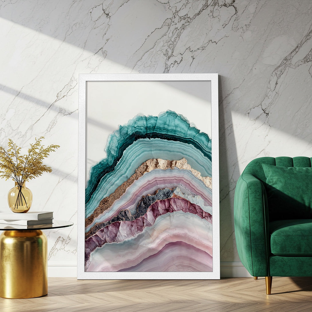 Framed Poster featuring abstract agate art in teal, pink, and gold. Perfect wall decor for a modern home.
