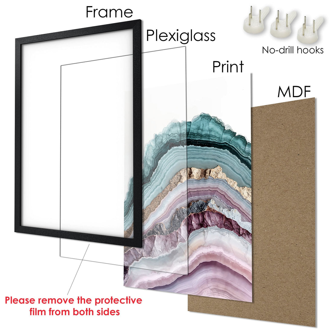 Framed Poster featuring abstract art in teal, purple, and gold. Modern design in a black frame. Perfect wall decor!