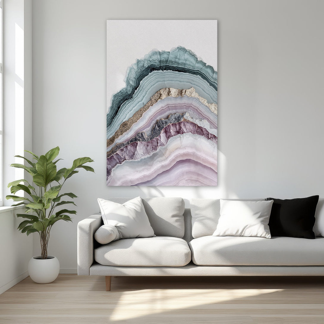 Framed Wall Art featuring an abstract agate design in teal, purple, and gold tones. Perfect for adding a touch of elegance to any interior.
