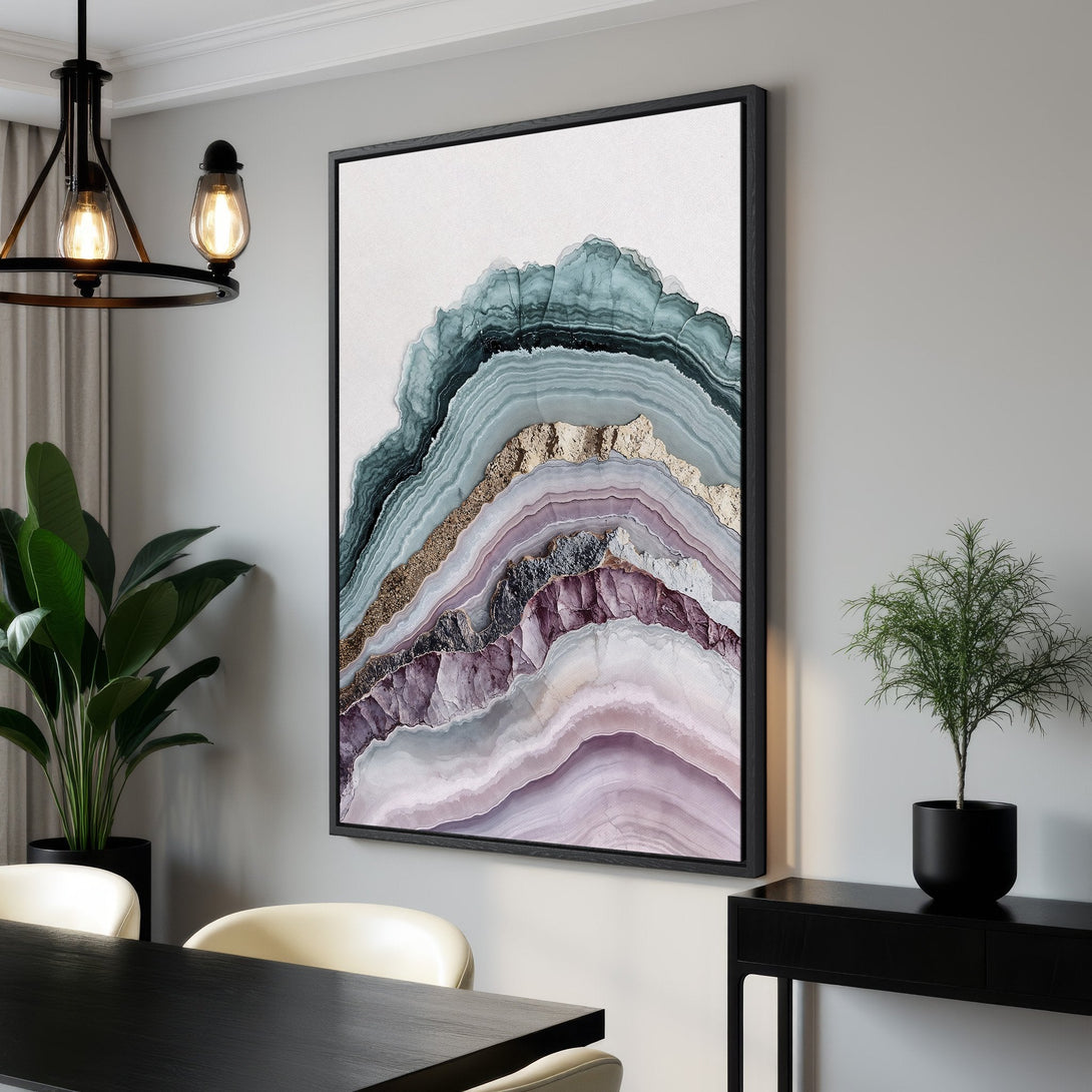 Framed Wall Art featuring an abstract agate design in teal, purple, and gold tones. Modern canvas print for elegant home decor.