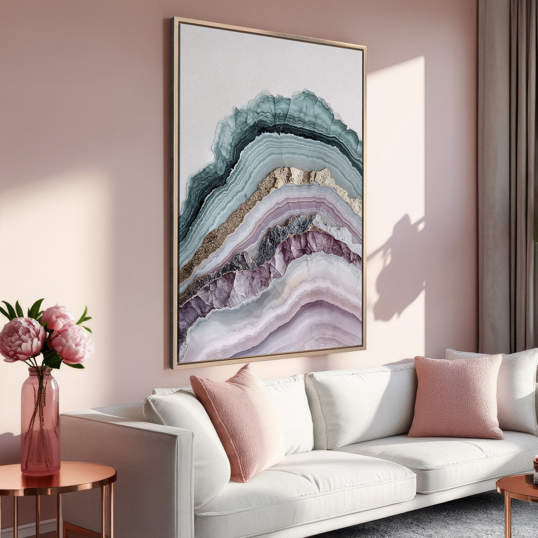 Framed Wall Art featuring an abstract agate design in calming teal, purple, and gold tones. Perfect for adding a touch of elegance to any space.