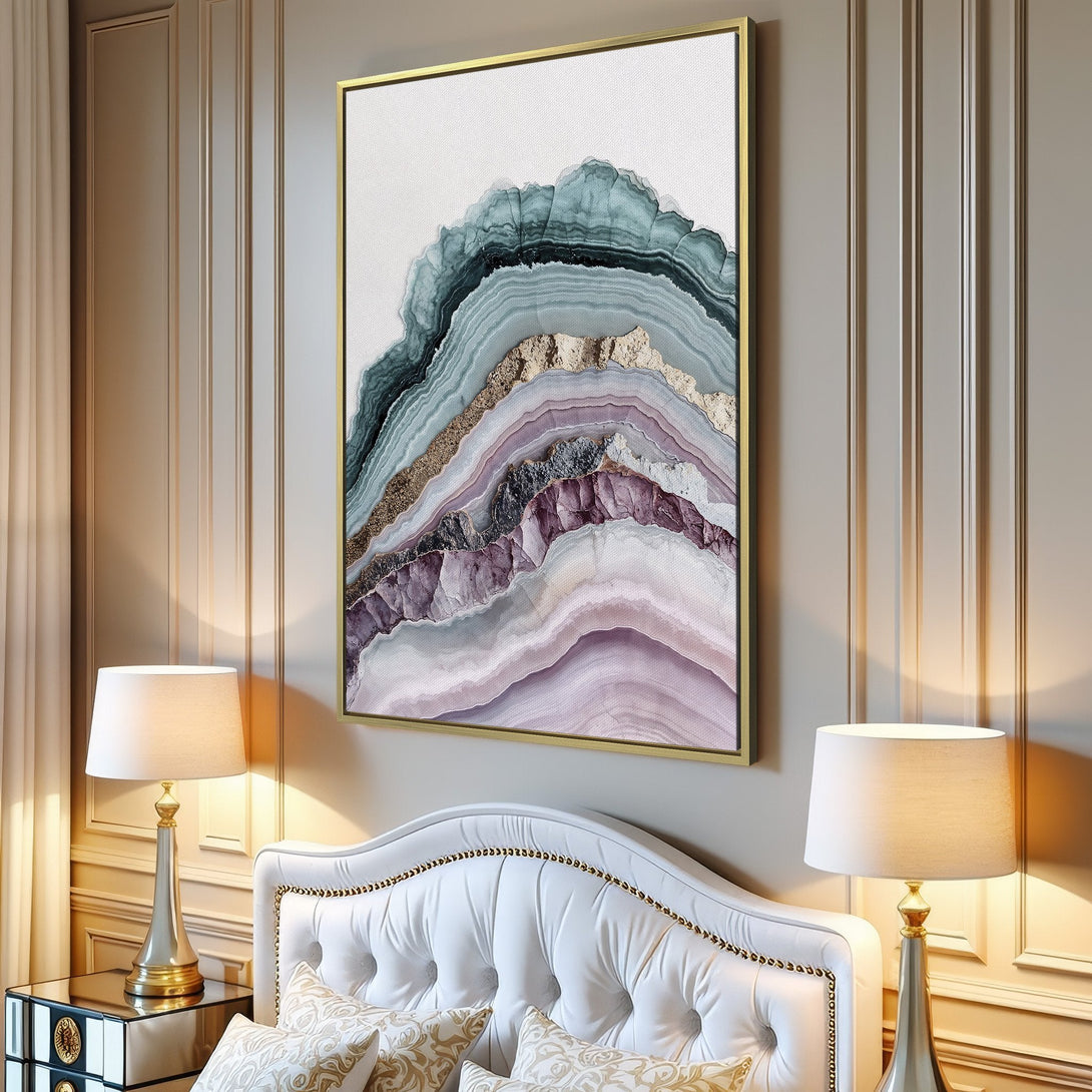 Canvas Print of abstract agate art in a modern interior. Features a soothing color palette of blue, gold, and purple tones.