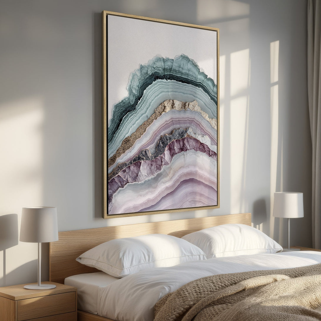 Framed Wall Art: Abstract agate print in teal, purple, and gold. Modern canvas art adds a touch of elegance to any bedroom decor.