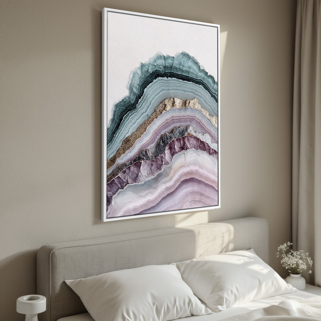 Framed Wall Art featuring an abstract agate design in teal, purple, and gold hues. Modern Canvas Print adds a touch of elegance to any bedroom decor.