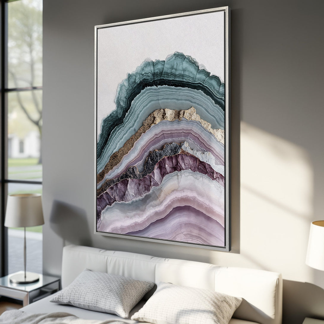 Framed Wall Art: Abstract agate design in teal, purple, and gold tones. Modern canvas print adds a touch of elegance to any interior space.