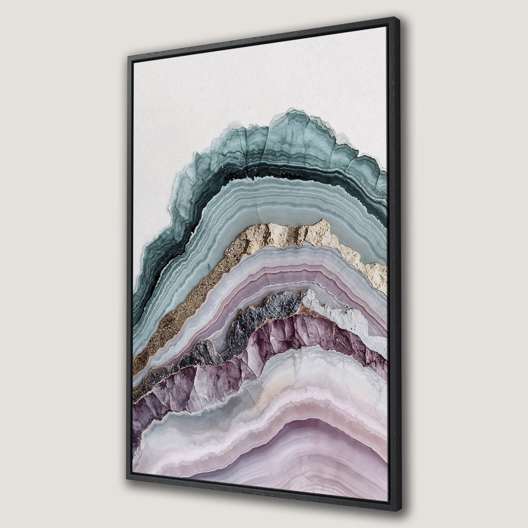 Framed Wall Art: Abstract agate design in teal, purple, and gold. Modern canvas print for a stylish home decor upgrade.